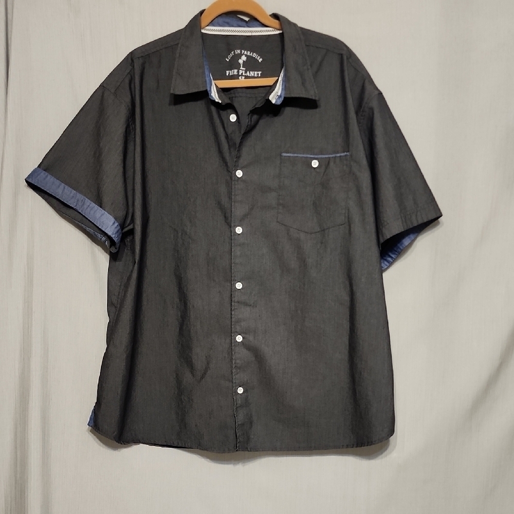 Free Planet Mens Short Sleeve Button Down Shirt Gray Blue Chambray Pocket Top 4X